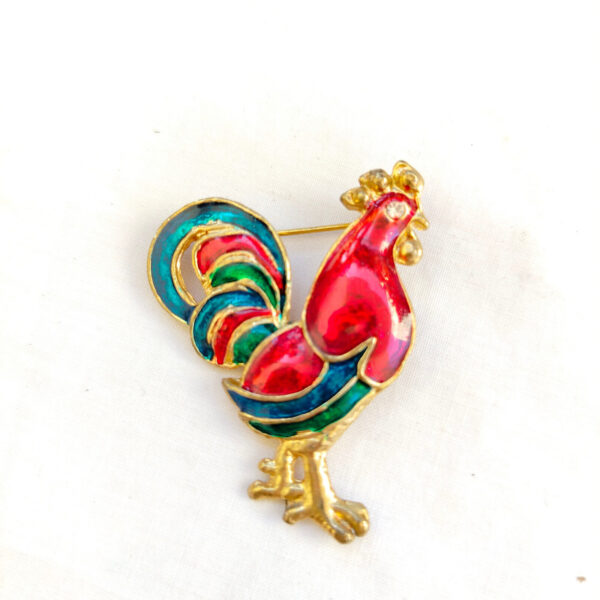 Nice Rooster Gold Tone Brooch enamel colors 2×2.5"